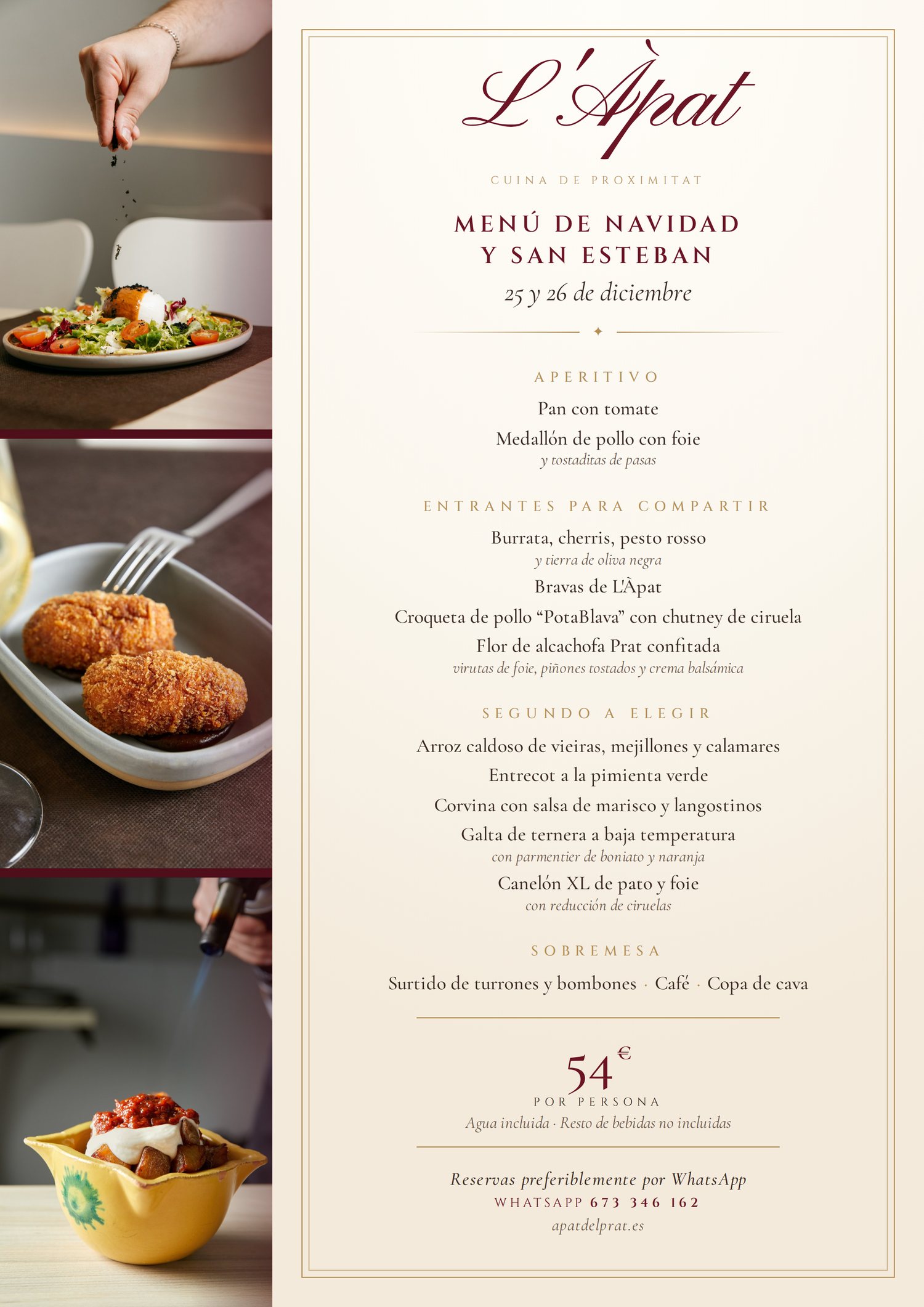 Cartel del menú de Navidad y San Esteban 2026 de L’Àpat del Prat, 54 € por persona